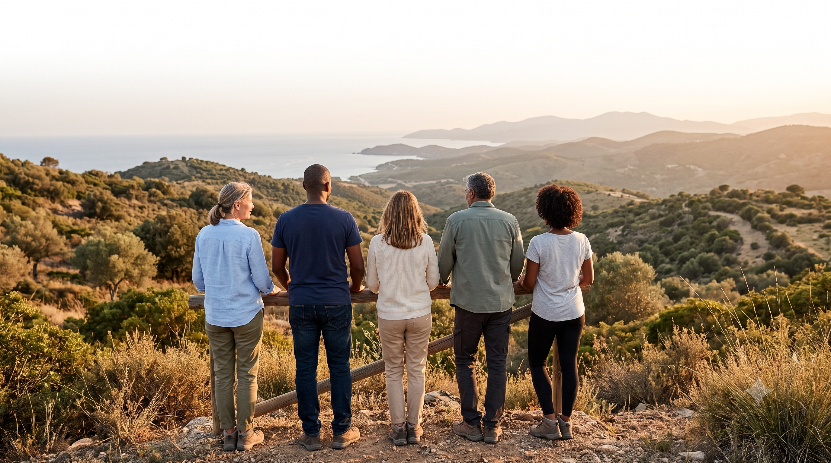 Collaborateurs IMPACTEO en pleine nature, dos tournés vers un paysage préservé